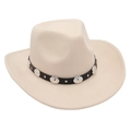 Detailed close-up of beige felt cowboy hat with black leather belt and silver metal studs - Beige (Metal Buckle Decor)