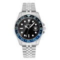 Classic silver stainless steel men's watch with black dial and blue-black GMT bezel - Silver Black and Blue