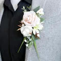 Pink and white artificial rose boutonniere for wedding suit with pearls and green leaves - 10x20cm / Champagne White