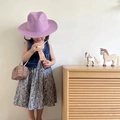Kids purple wide brim straw hat with vintage floral summer outfit and crossbody bag - Purple