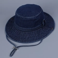 Detail of dark blue denim sun hat with wide brim, adjustable drawstring and metal vents - 56-58cm / Dark Blue