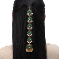 Rear view of model wearing a vintage gold head chain with green gems and white pearls - Green