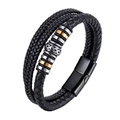 Men's woven black leather bracelet with silver and gold metal rings and magnetic clasp - 23CM / Black With Black Clasp