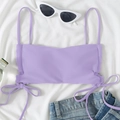 Lavender bikini top with spaghetti straps and side drawstrings on a white background - S / Purple Top