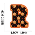 Detail view of Halloween letter R embroidery patch with pumpkin pattern and dimensions - Letter R