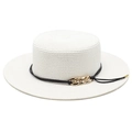 Chapeau canotier en paille ivoire avec cordon noir et chaîne dorée pour plage d'été - M (56-58cm) / Blanc