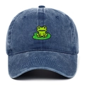 Close-up of green frog embroidery on vintage dark blue washed cotton baseball cap - Navy Blue