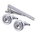 Silver business cufflinks and tie clip set with clear crystals on a white background - Set / Silver / White Zirconia