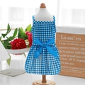 Close-up of blue plaid pet princess dress with silk bow detail and cotton fabric texture - Blue Plaid