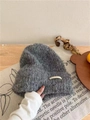 Plush dark grey knit bear beanie for women, warm winter thick crochet hat in dark grey - Alpaca Wool Slouch-Grey