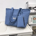Blue corduroy tote bag set with front pocket and matching coin purse on a storage box - 43x35x27cm / Blue