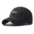 Vintage washed black cotton baseball cap featuring white cheers embroidery and a curved brim - Adjustable / Washed Black