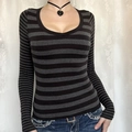 Women's casual striped long sleeve scoop neck top in black and dark grey pattern - S / Black and Gray