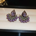 Macro view of purple teardrop zircon earrings with green beaded accents and gold plating - Purple (S925 Silver Needle)