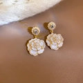 Detailed view of camellia flower earrings with pearls and crystals on leather - Silver Pin Enamel Rhinestone Pearl Flower Earrings (White) (29#)