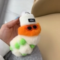 White caterpillar plush keychain with green spots, white knit hat, and orange sunglasses - Orange Beige