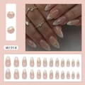 Franse marmeren kunstnagels met gouden 3D-strikjes en 24-delige nude roze nagelset - W1914 Lazy French Style (Met Lijm)