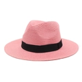 Detail of pink woven straw Panama hat with black ribbon band on white background - M (56-58cm) / Dusky Pink