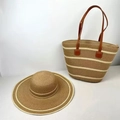 Straw sun hat and tote bag set with brown stripes and leather handles for summer - Big Stripe Khaki Beige