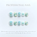 3D cartoon bear and daisy press-on nails in mint green and cream white colors - Extra Small (XS) / Mint Green Sky Blue Cartoon Girl