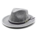Detail of grey wool fedora hat featuring a stylish blue decorative band and golden metal buckle - M(56-58cm) / Light Gray