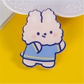 Cute white rabbit character acrylic pin with blue shirt and yellow background - Hugging Rabbit
