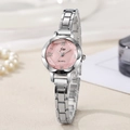 Close-up of elegant women's quartz watch with pink dial and silver metallic strap - Silver Pink Dial