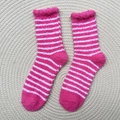 Pink and white striped coral fleece floor socks with a soft plush texture for women - One Size / Pink And White Ruffle Stripe