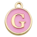 Round pink enamel letter G charm with golden metal finish and hanging ring - Letter G / 1 Piece (12x14mm) / Pink
