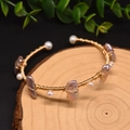 Handmade woven gold wire open cuff bracelet with purple and white freshwater pearls - Gold Purple Long Pearl Style