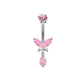 Piercing ombelico a farfalla con zircone rosa e asta in acciaio inox argento - Design a Farfalla