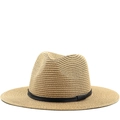 Classic straw Panama hat with black decorative band for beach sun protection and summer travel - M (56-58cm) / Khaki