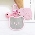 Pink cartoon bear mirror keychain with heart charm, bell and clip for bags and earphone cases - Pink