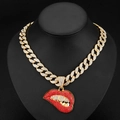 Close-up of hip-hop cuban chain with rhinestone red lip pendant on black velvet bust - 18-inch Cuban Chain Set / Gold-Red Lips