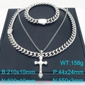 Conjunto de joyas de acero plateado con cadenas cubanas y colgante de cruz - Conjunto de Joyas Color Acero / Color Acero