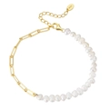 Elegante S925 zilveren armband met gouden paperclipketting en witte barokke parels - Gesplitst Ontwerp Zoetwaterparel Armband (GPB01)