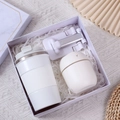 Modern white gift set with vacuum flask, mini humidifier, and foldable phone stand - [Pearl White] Cup + Humidifier + Stand