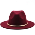 British style burgundy wool fedora with a flat brim and gold metal chain band - M (56-58cm) / Burgundy