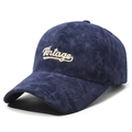 Berretto da baseball vintage in velluto a coste blu scuro con ricamo beige per adulti - Regolabile / Blu