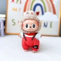 Labubu plush doll in rabbit costume with red overalls from the Sitting Party series - Crown Belt Overalls Set (red) / First And Second Generation Keychains Are Compatible With La Cloth Dolls. Dolls Not Included.