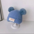 Blue knit baby hat with double fluffy pom-poms and warm ear flaps for autumn and winter - One Size / Korean Text Double Pom / Blue