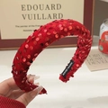 Sparkly red sequin velvet headband with Hand Made label for festive holiday style - Red Sequin