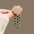 Golden Ruyi brooch with pink crystal inlay and green teardrop gemstone tassels - 461# Auspicious Cloud