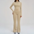 Set sportivo beige da donna in 2 pezzi con giacca a zip e pantaloni a zampa alta - Taglia S / Top E Pantaloni / cammello chiaro