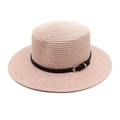 Detail of light pink woven straw hat featuring a black leather band and gold buckle - M (56-58cm) / Light Pink