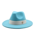 Close-up of bright blue wool fedora hat with grey band and golden M-logo metal buckle - Lake Blue