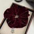 Polka dot velvet scrunchie in deep wine red color with a designer woven label - Wine Red Velvet Polka Dot Scrunchie