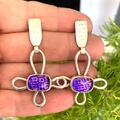 Artisan silver drop earrings featuring unique fuchsia leopard print and hammered metal texture - S704 Purple Leopard Rectangle
