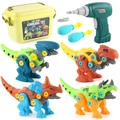 DIY take apart dinosaur toy set with electric drill and storage box for kids STEM learning - Style A (4 Dinosaurs + Tool Set)