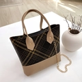 Brown classic plaid tote bag with khaki leather handles and golden metal chain strap - Khaki Plaid